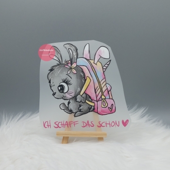 "Ich schaff das schon" rosa Hase Bügelbild groß (ca. 14cm X 14cm)