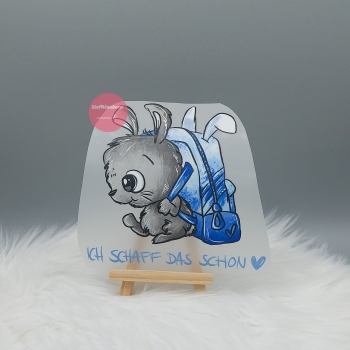 "Ich schaff das schon" blau Hase Bügelbild groß (ca. 14cm X 14cm)