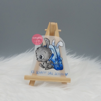 "Ich schaff das schon" blau Hase Bügelbild klein (ca. 6,5cm X 6,5cm)