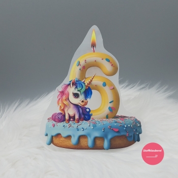 "6" Geburtstagszahl Einhorn Bügelbild groß (ca. 15cm X 12cm)
