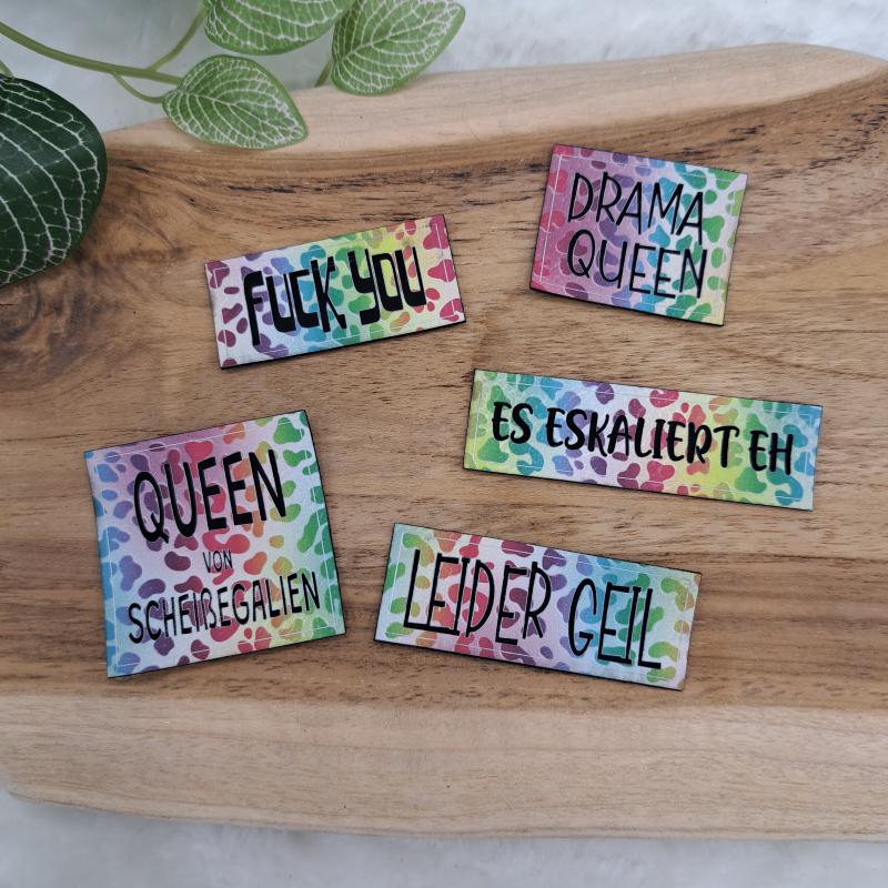 5 Stück Kunstlederlabel "SPRÜCHE SET" Leomuster bunt