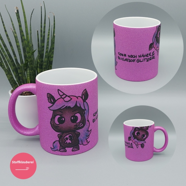 Glitzer Tasse pink "Einhorn Klatscht Glitzer"