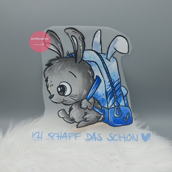 "Ich schaff das schon" blau Hase Bügelbild sehr groß (ca. 24cm X 24cm)