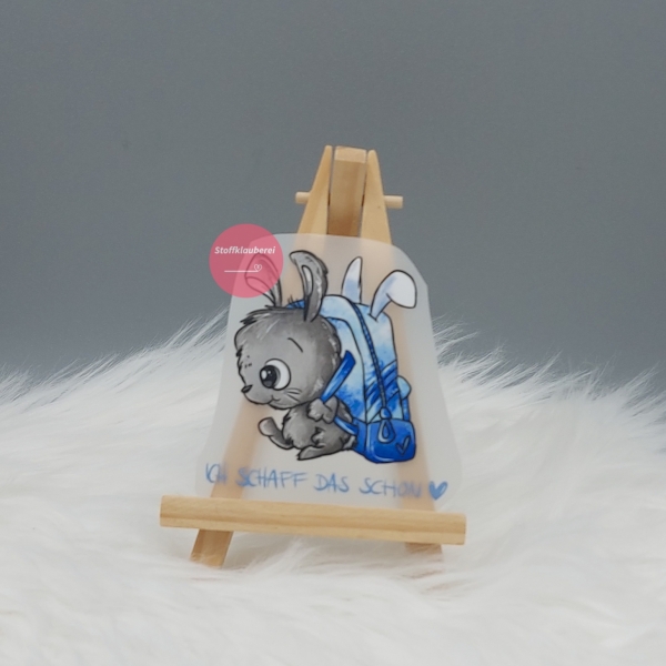 "Ich schaff das schon" blau Hase Bügelbild klein (ca. 6,5cm X 6,5cm)