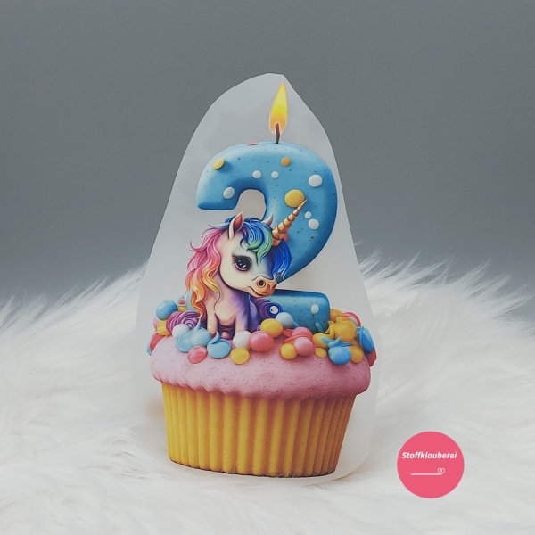 "2" Geburtstagszahl Einhorn Bügelbild groß (ca. 15cm X 9cm)