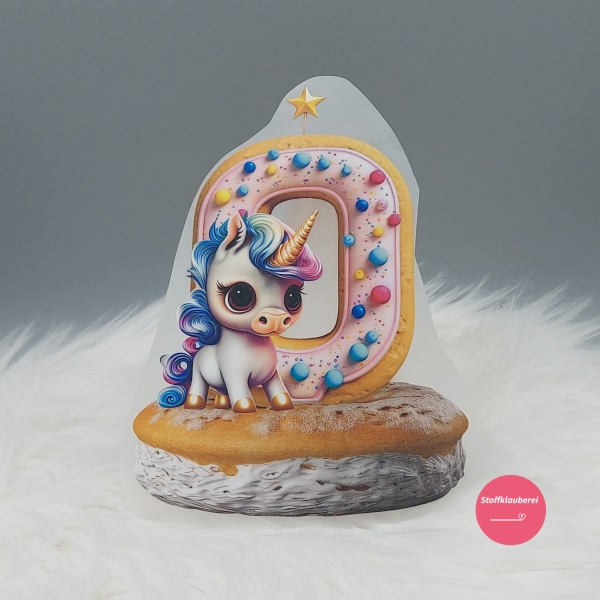 "0" Geburtstagszahl Einhorn Bügelbild groß (ca. 15cm X 11cm)