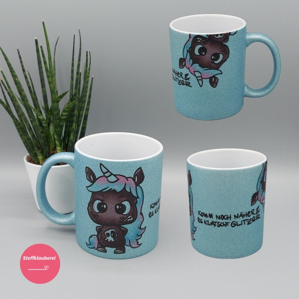 Glitzer Tasse hellblau "Einhorn Klatscht Glitzer"