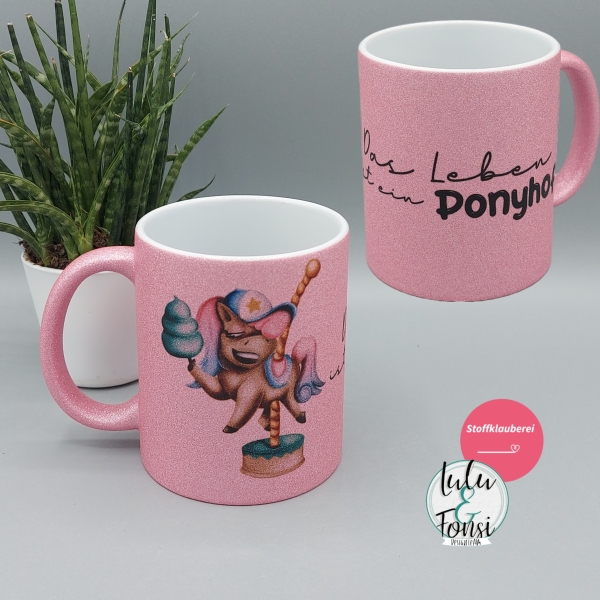 Glitzer Tasse "Das Leben ist ein Ponyhof'" rosa