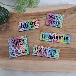 5 Stück Kunstlederlabel "SPRÜCHE SET" Leomuster bunt